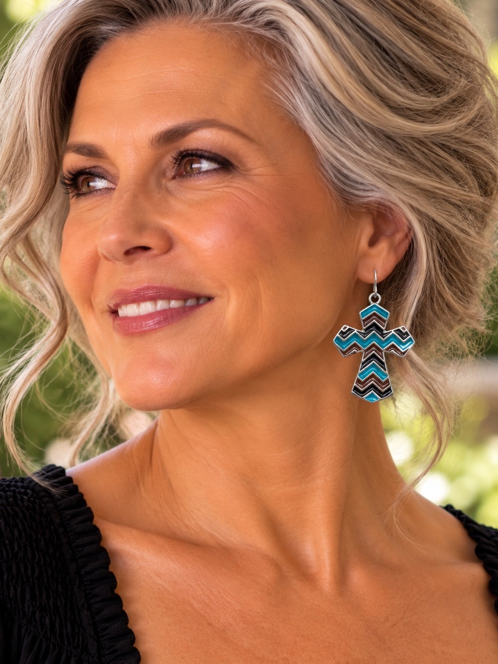 Turquoise Chevron Cross Statement Earrings Southwestern Boho Silver Tone